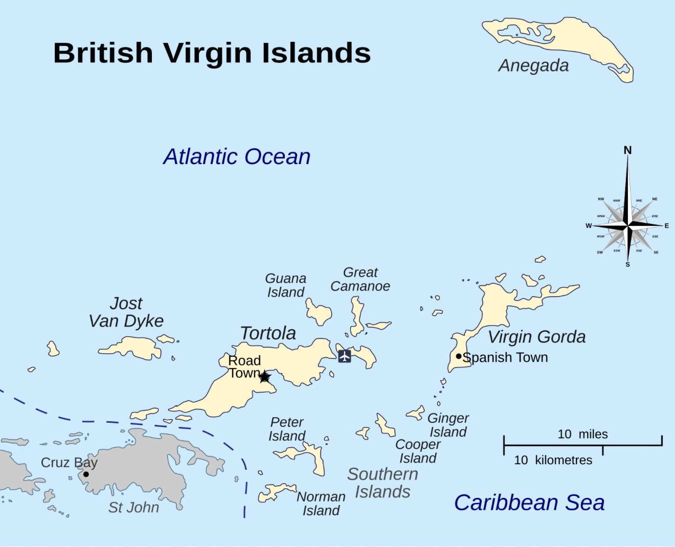 Map of the British Virgin Islands showing the anchorages sailed on this voyage