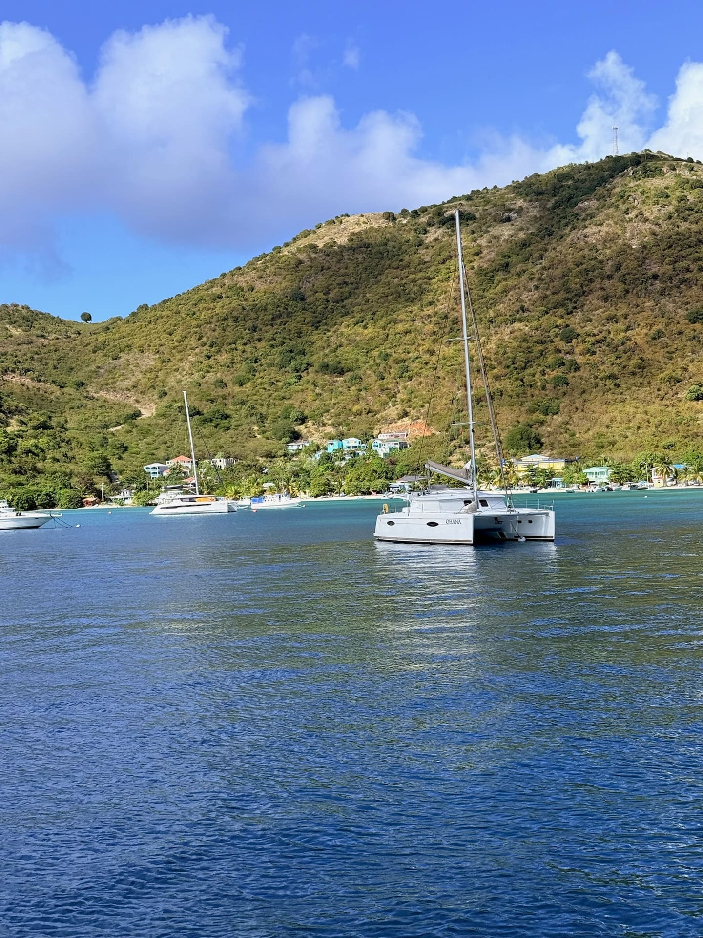 Catamaran sailing past a green tropical headland in the British Virgin Islands