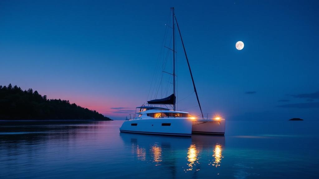 A single white catamaran at anchor alone in a sheltered cove at blue hour - warm interior lights glow from the salon, a full moon hangs upper right, the horizon still carries pink and peach from the sunset