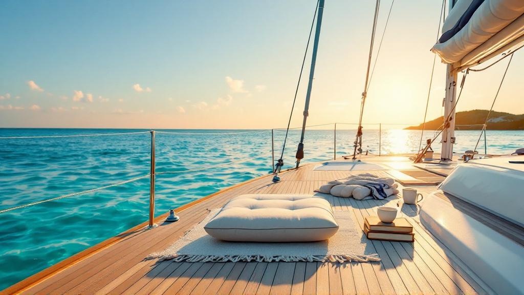 The teak aft deck of a catamaran at first light, the boat anchored alone in glassy turquoise water