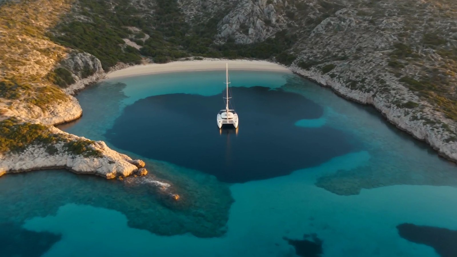 A catamaran anchored in a turquoise Mediterranean island cove at golden hour