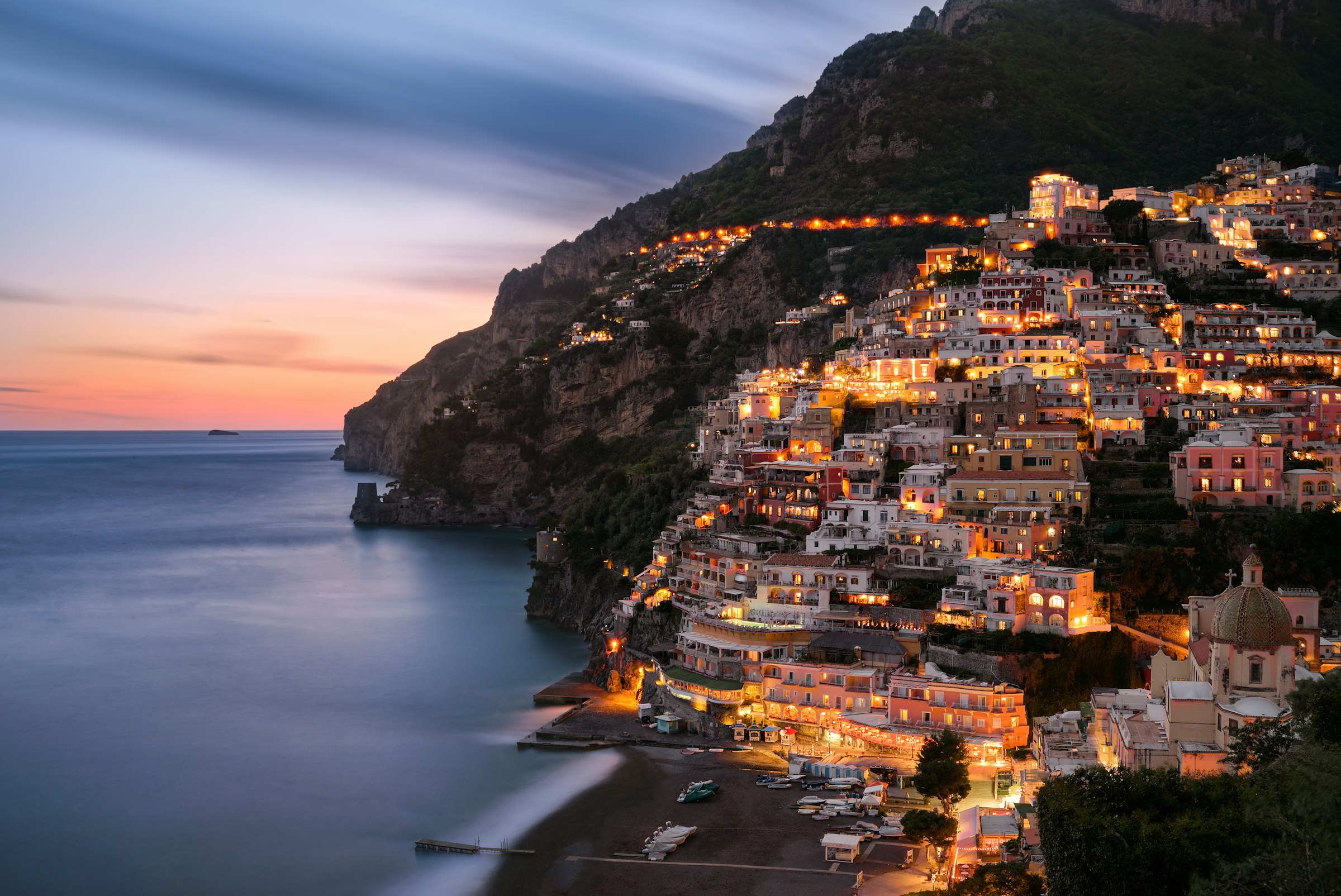 Positano cliffs and pastel houses rising above the Tyrrhenian