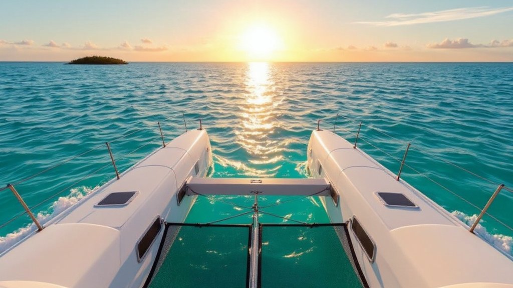 View from the bow of a white catamaran heading toward an open Caribbean horizon at golden hour, turquoise water spreading to a tiny silhouetted island on the left and an empty horizon on the right under a peach-and-gold sky
